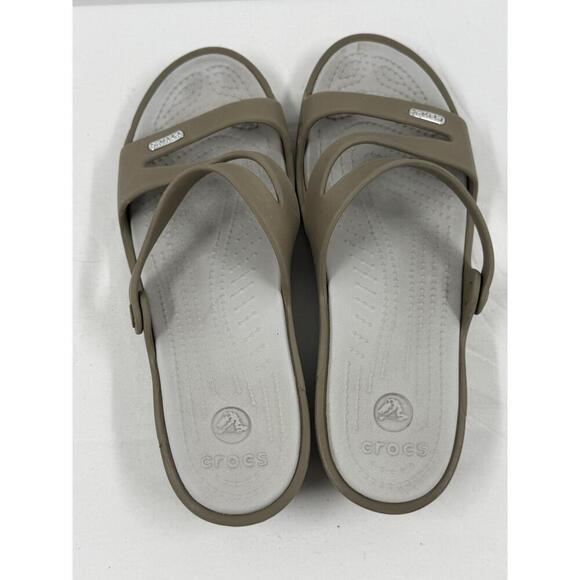 Crocs Beige Dual Strap Slide Sandals Unisex Logo Slip On W9 - Picture 4 of 6